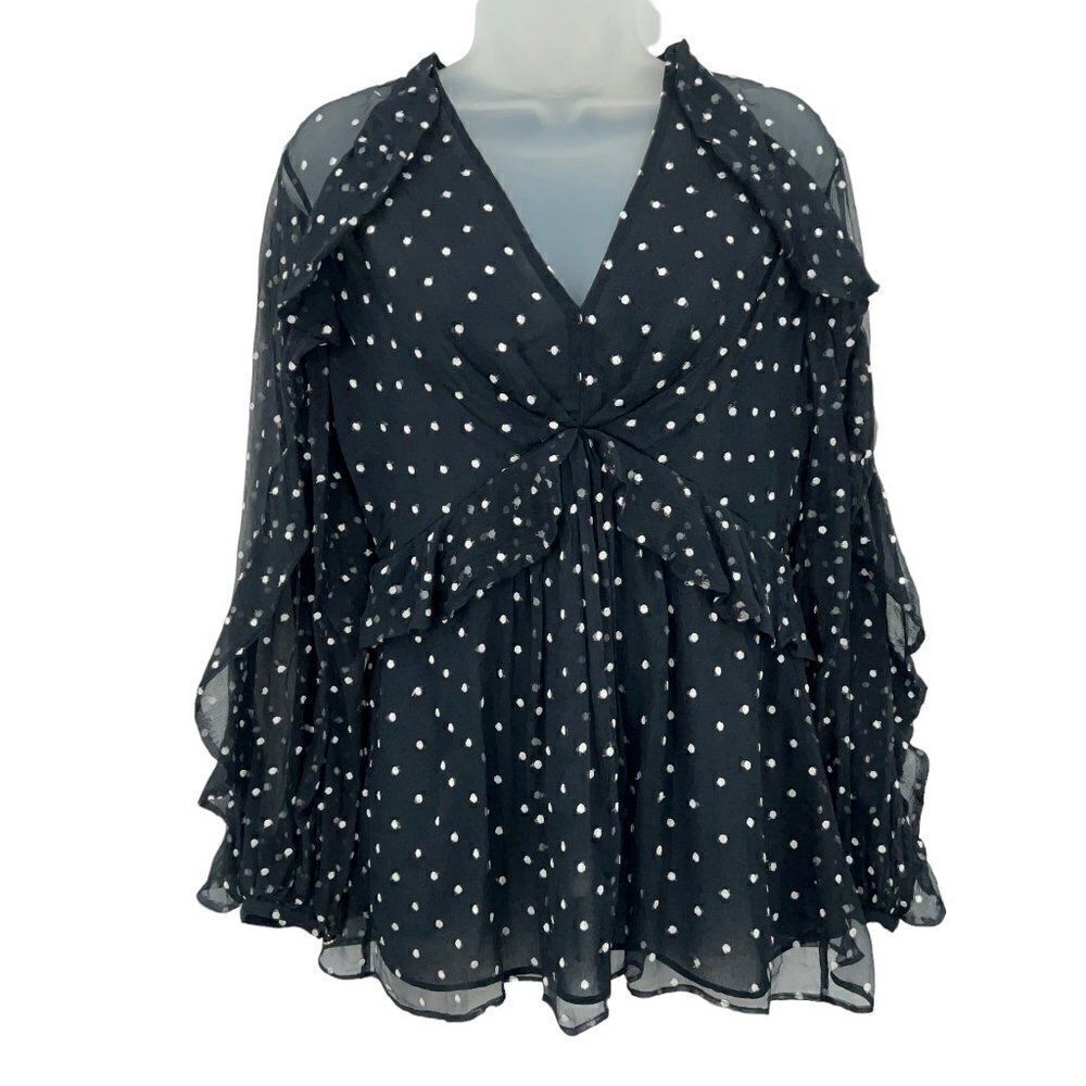Zimmerman Top Women Size 1 Chifon Polka Dot Black White Long Sleeve V-Neck